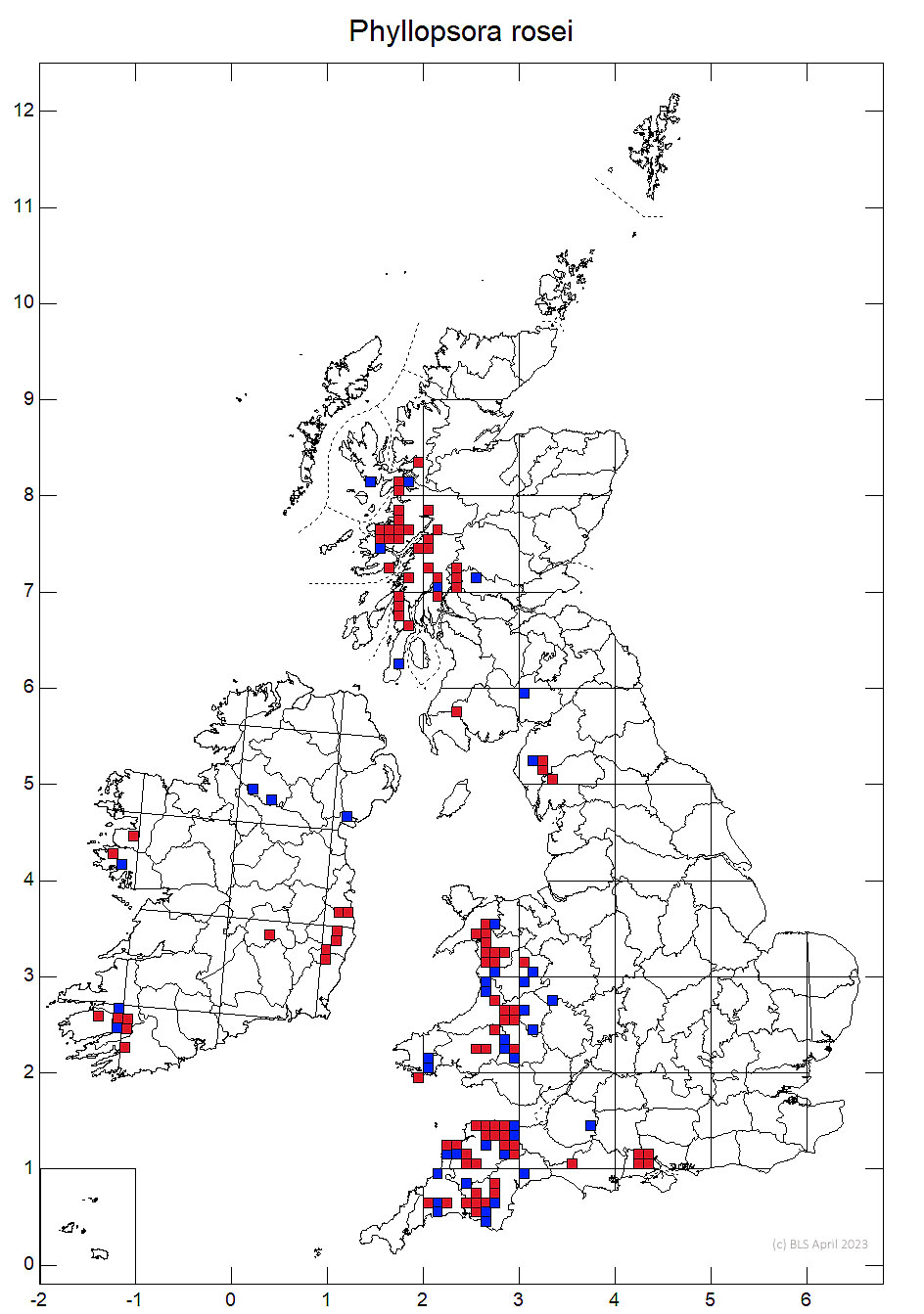 Phyllopsora rosei 10km sq distribution map