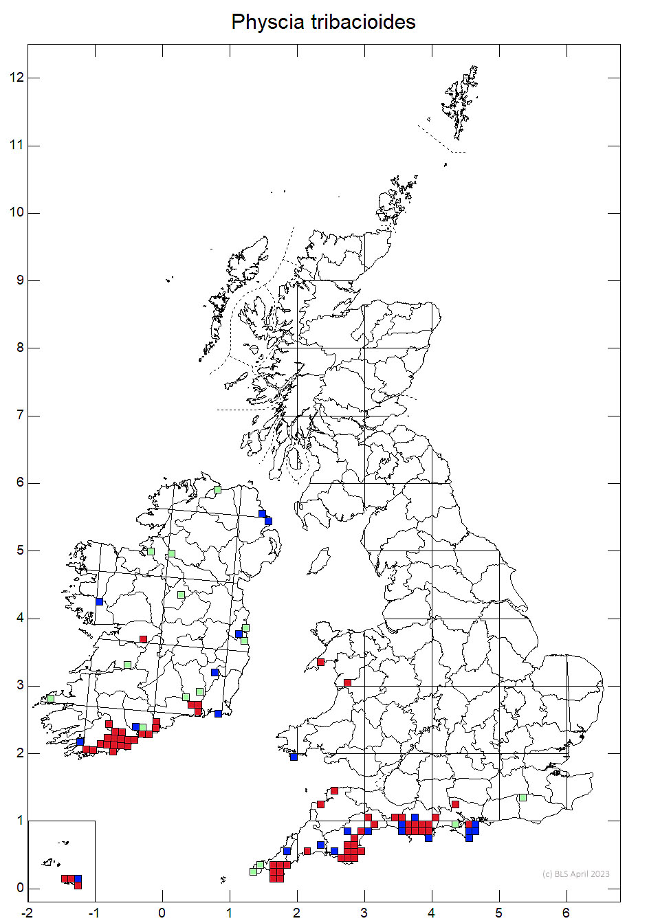 Physcia tribacioides 10km sq distribution map