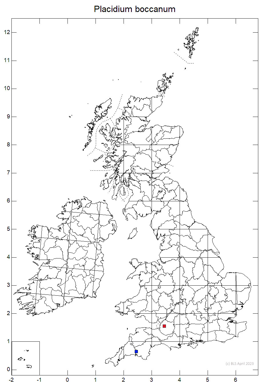 Placidium boccanum 10km sq distribution map