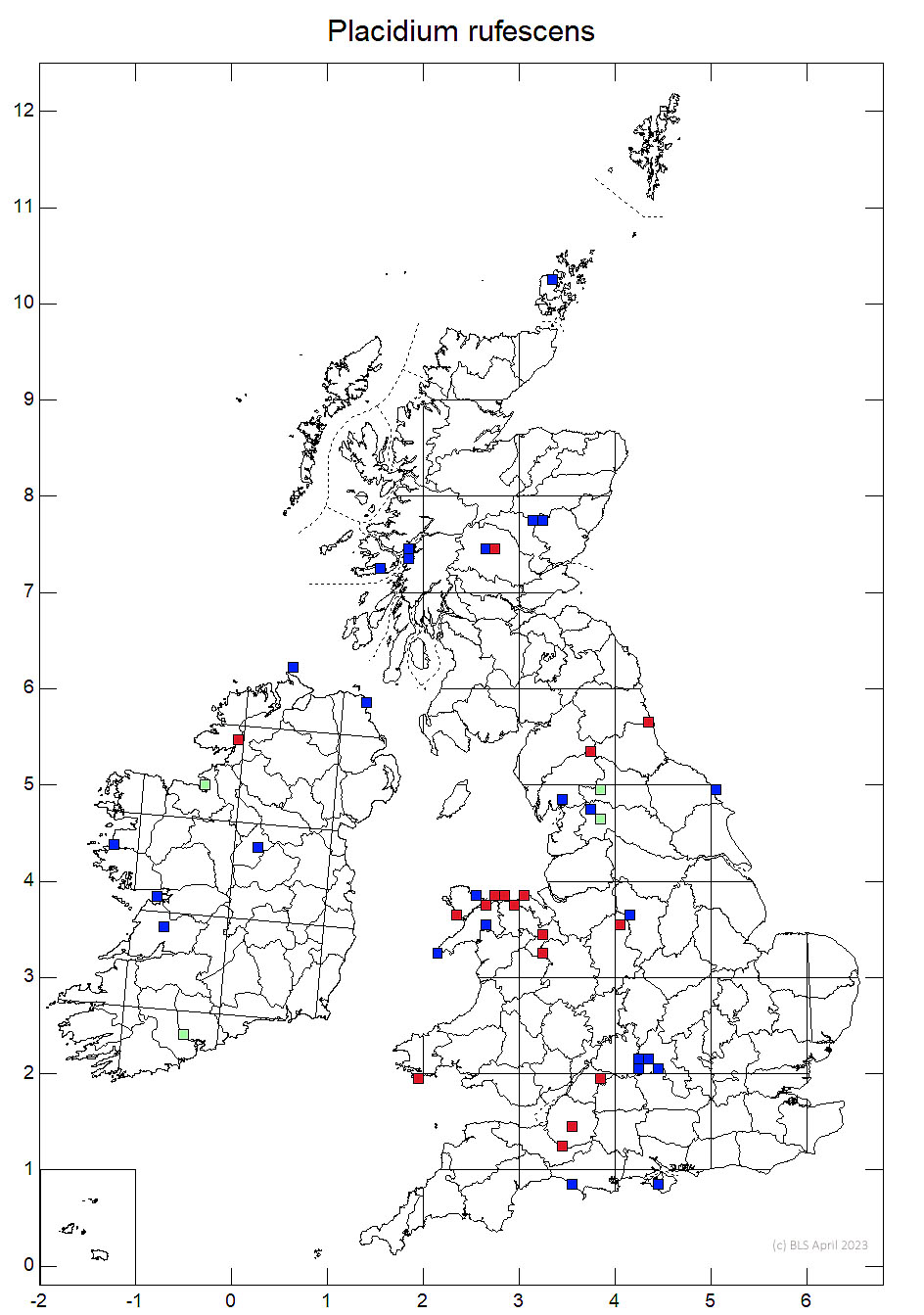 Placidium rufescens 10km sq distribution map
