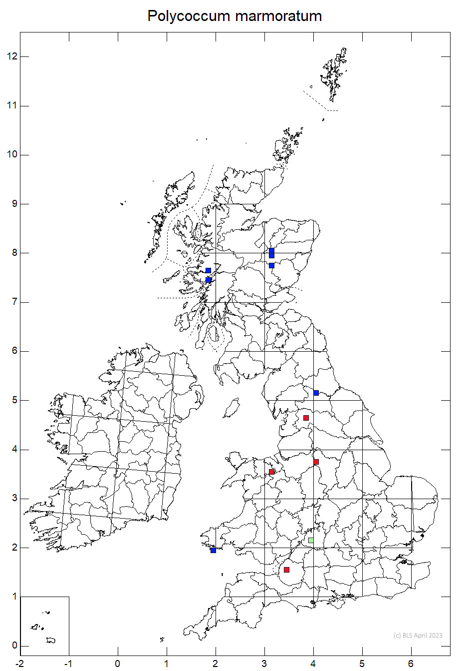 Polycoccum marmoratum 10km sq distribution map