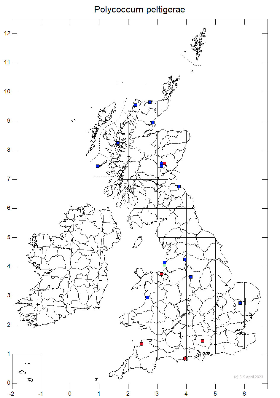 Polycoccum peltigerae 10km sq distribution map