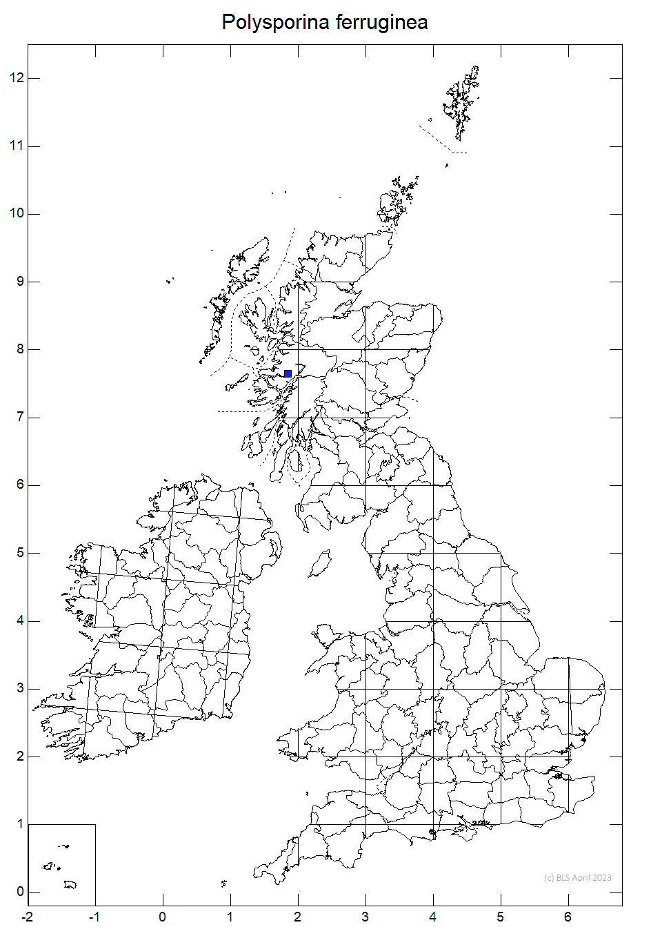 Polysporina ferruginea 10km sq distribution map
