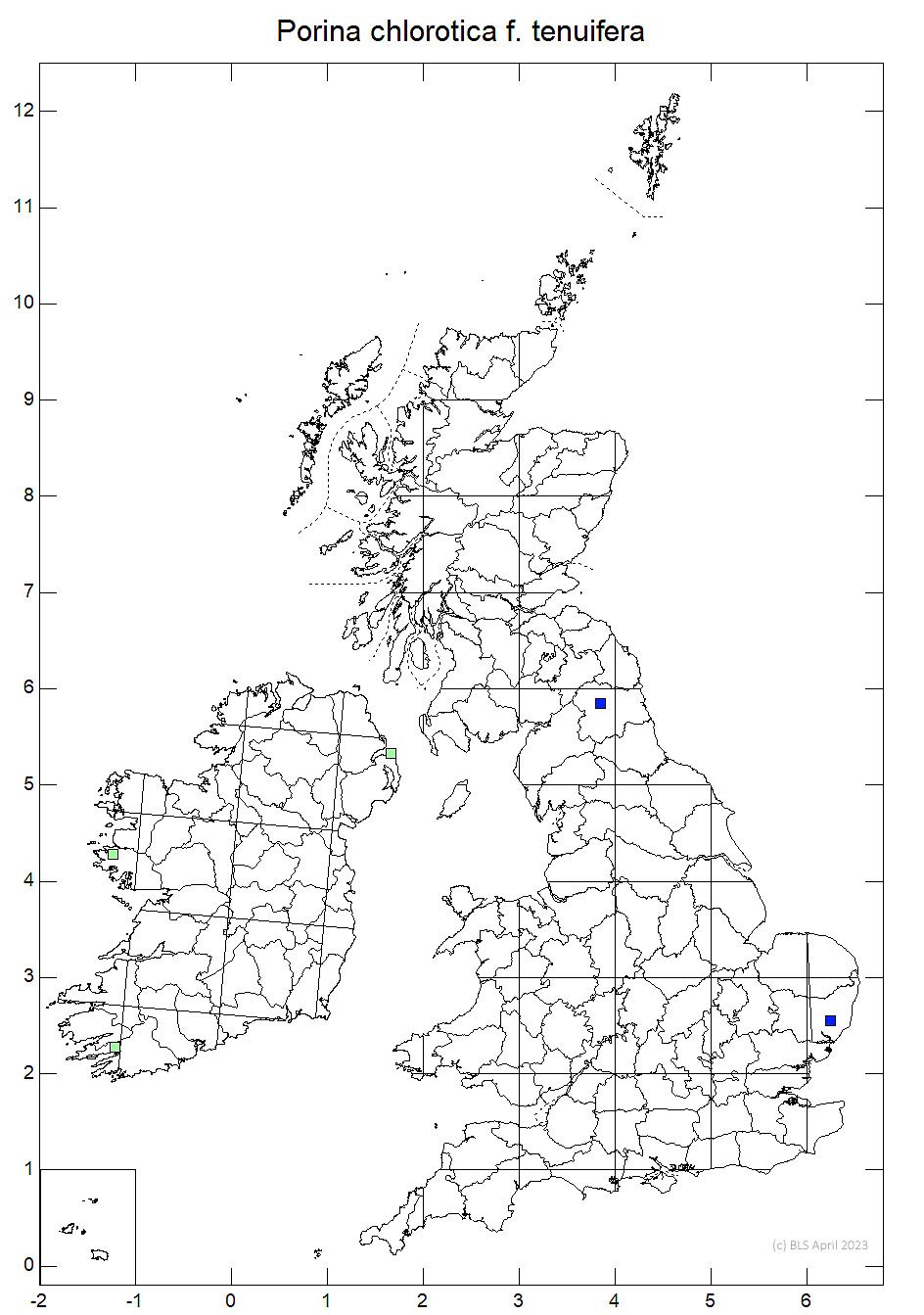 Porina chlorotica f. tenuifera 10km sq distribution map