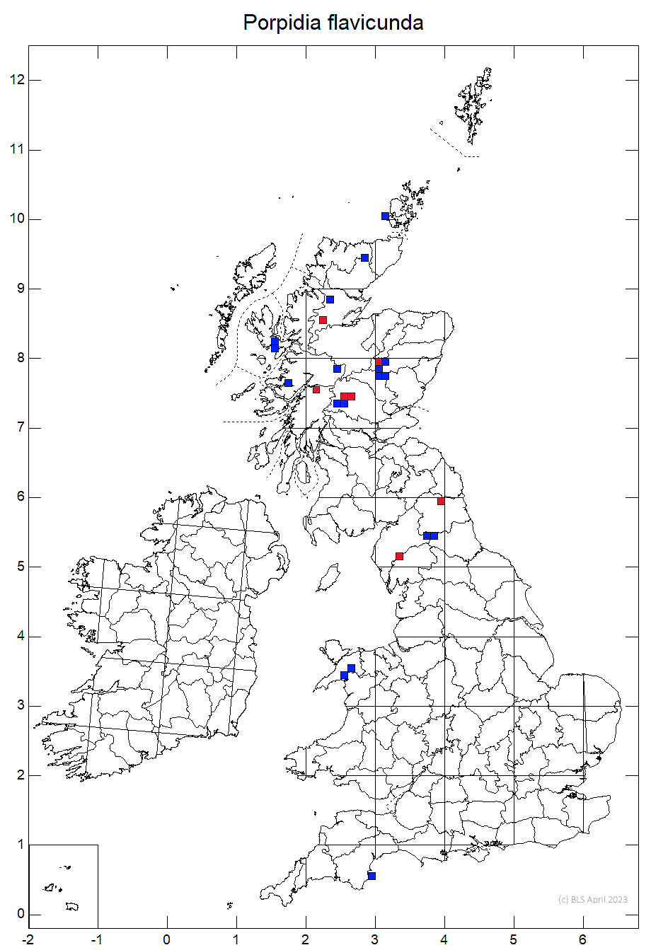 Porpidia flavicunda 10km sq distribution map