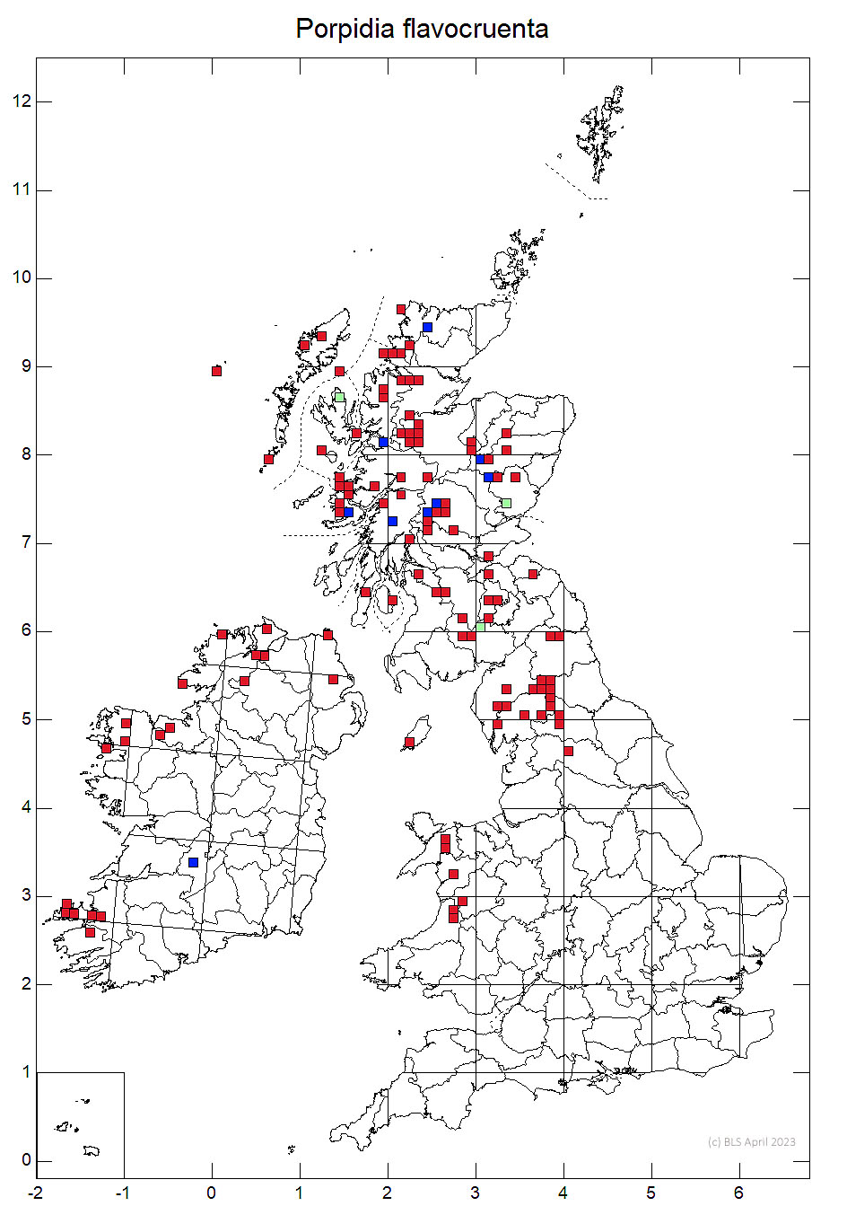Porpidia flavocruenta 10km sq distribution map