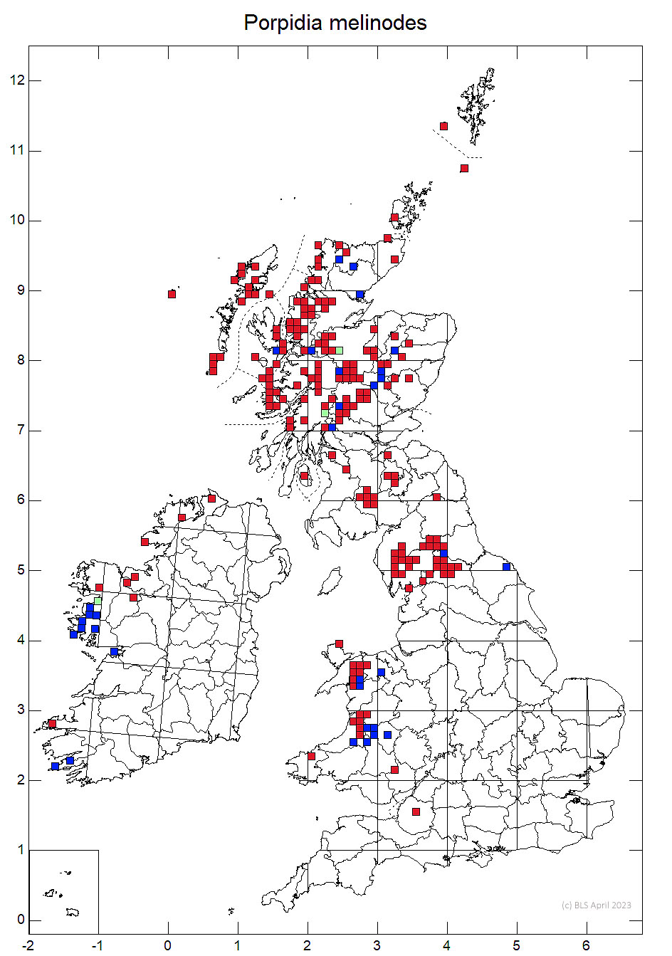 Porpidia melinodes 10km sq distribution map