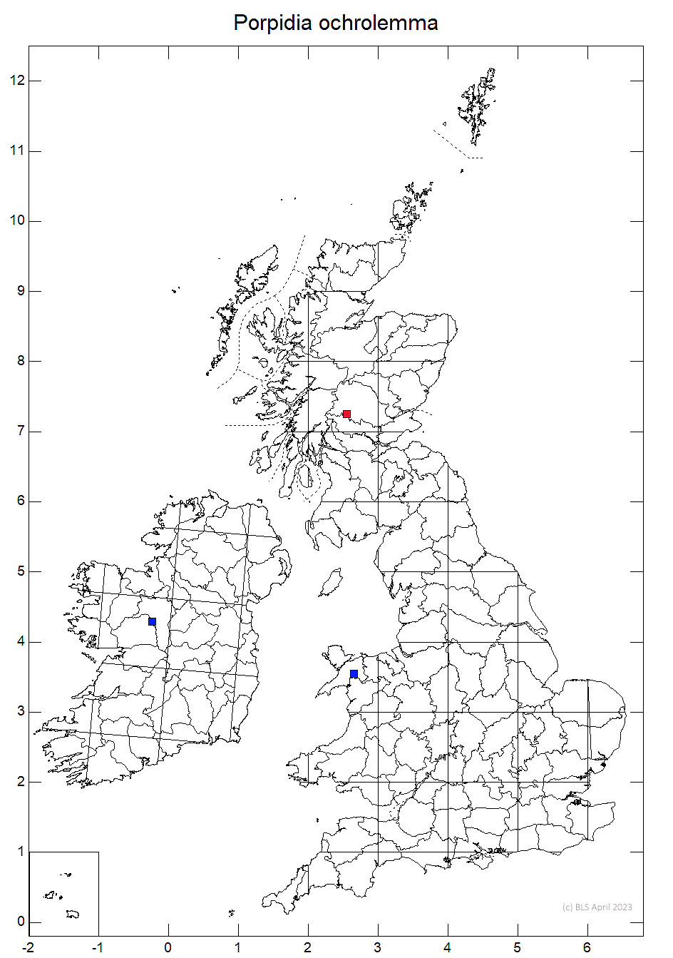 Porpidia ochrolemma 10km sq distribution map
