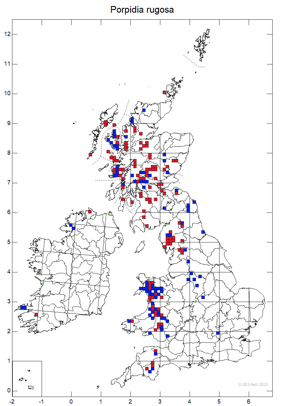 Porpidia rugosa 10km sq distribution map