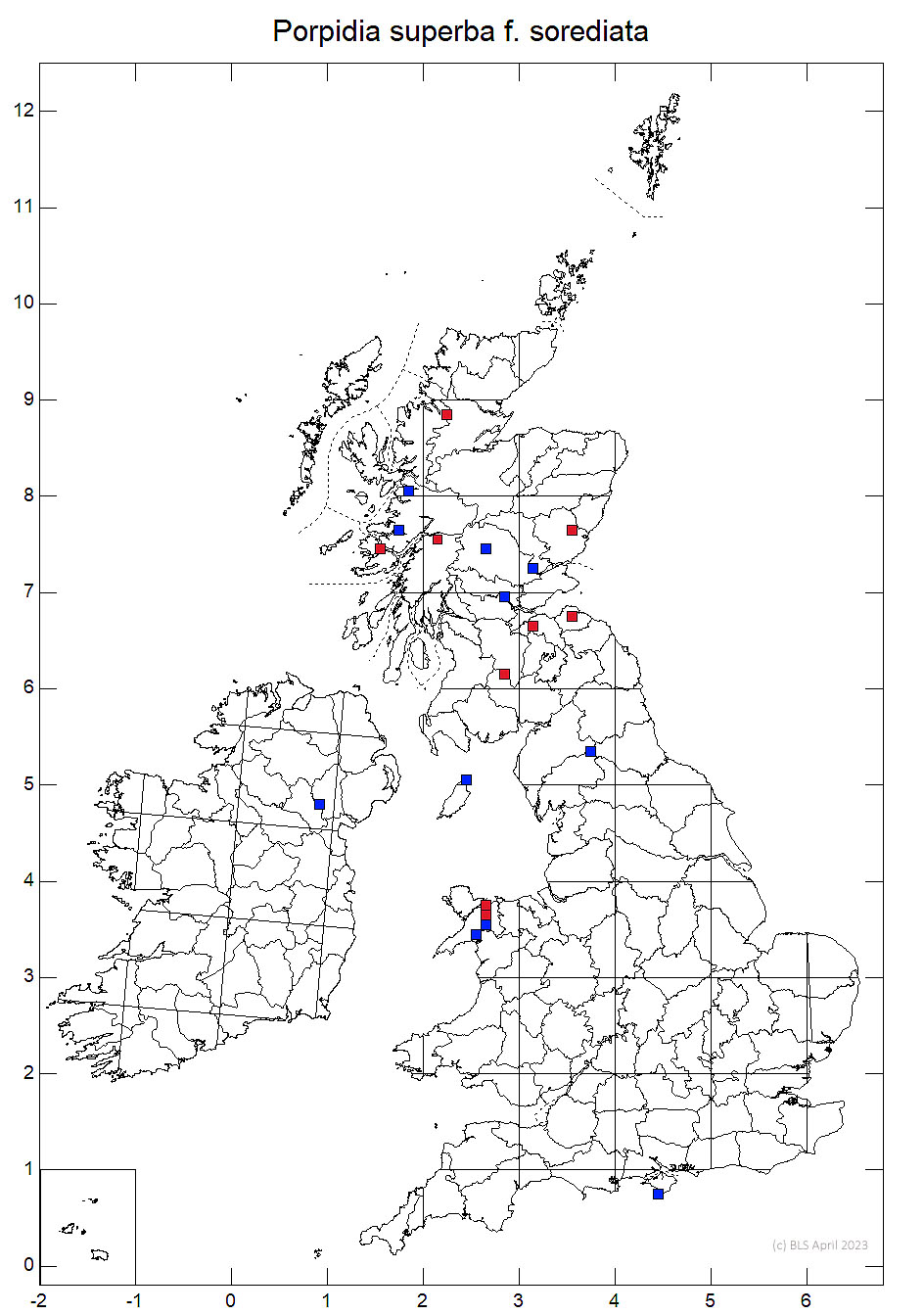 Porpidia superba f. sorediata 10km sq distribution map