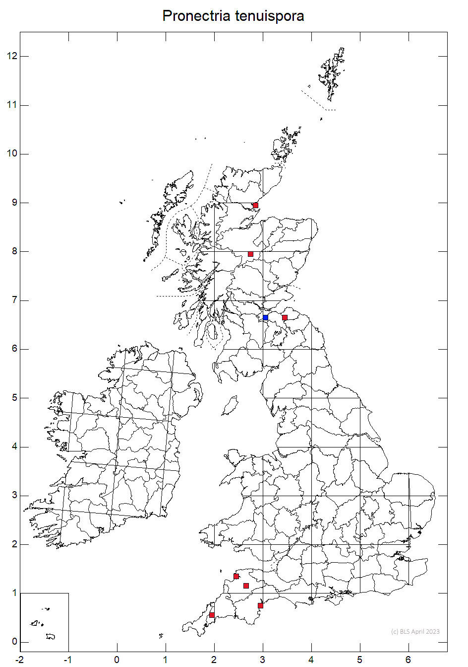 Pronectria tenuispora 10km sq distribution map