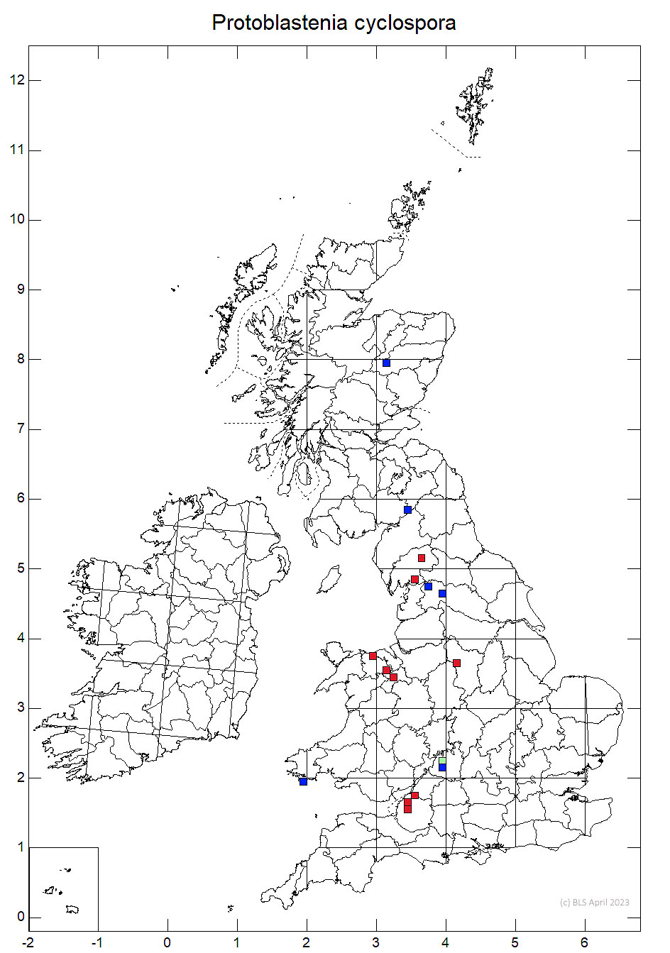 Protoblastenia cyclospora 10km sq distribution map