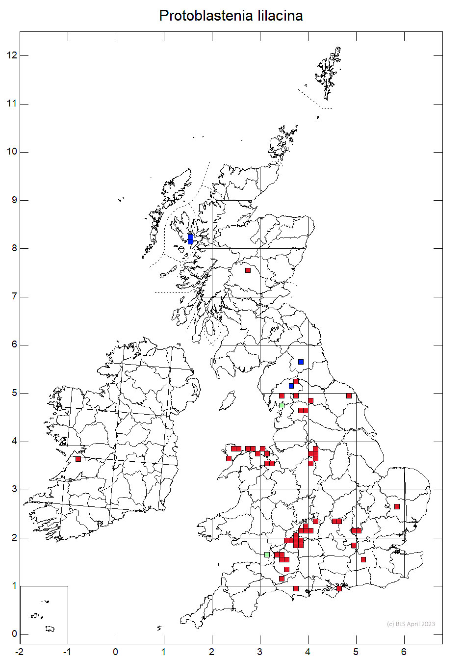 Protoblastenia lilacina 10km sq distribution map