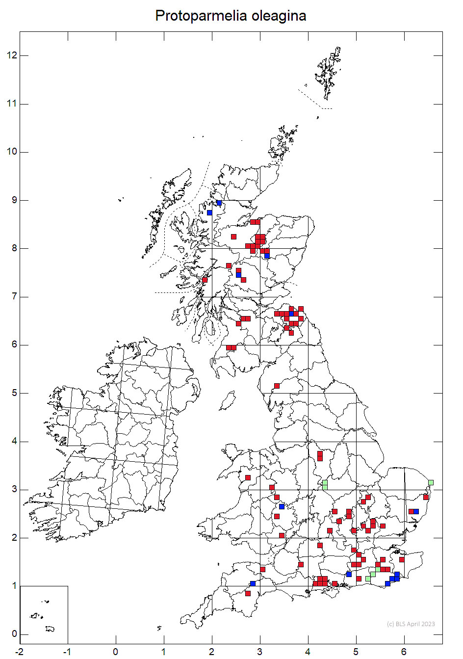 Protoparmelia oleagina 10km sq distribution map