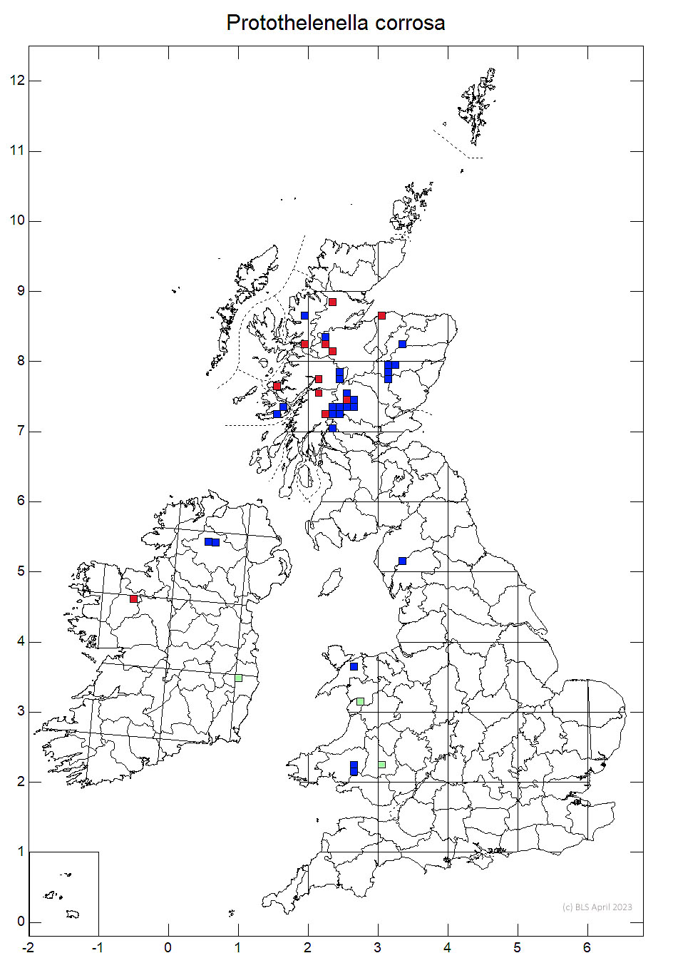 Protothelenella corrosa 10km sq distribution map
