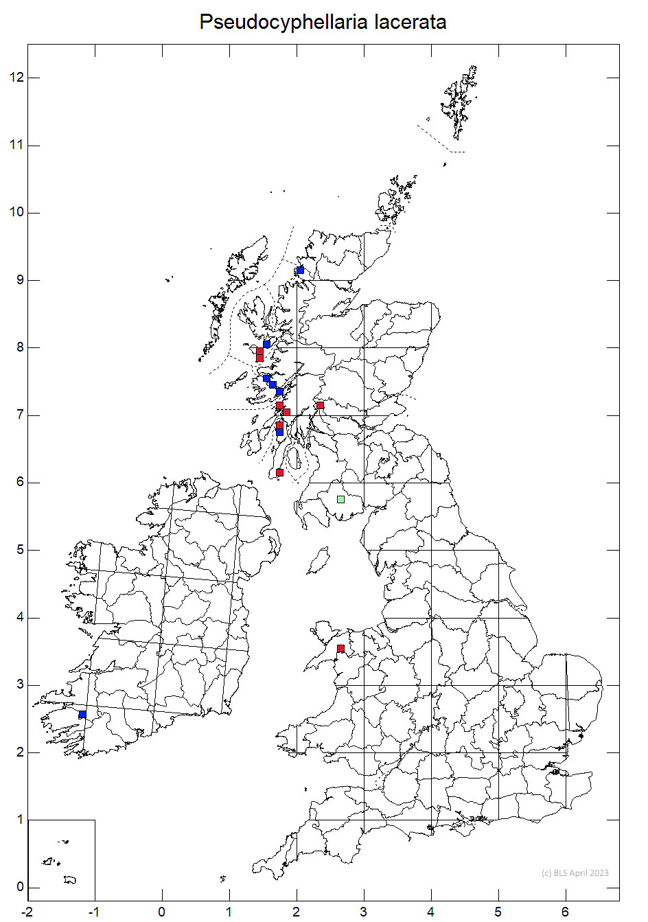Pseudocyphellaria lacerata 10km sq distribution map