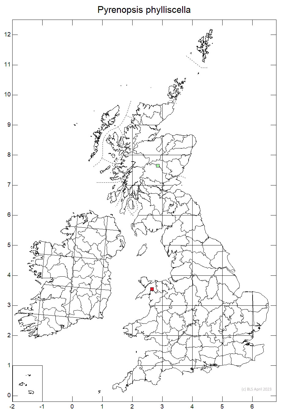 Pyrenopsis phylliscella 10km sq distribution map