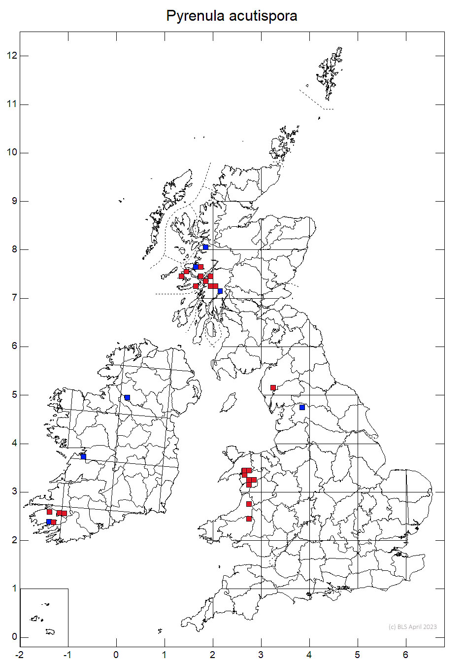 Pyrenula acutispora 10km sq distribution map
