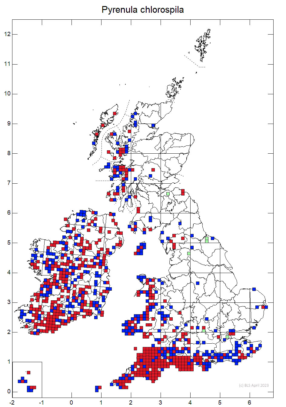 Pyrenula chlorospila 10km sq distribution map