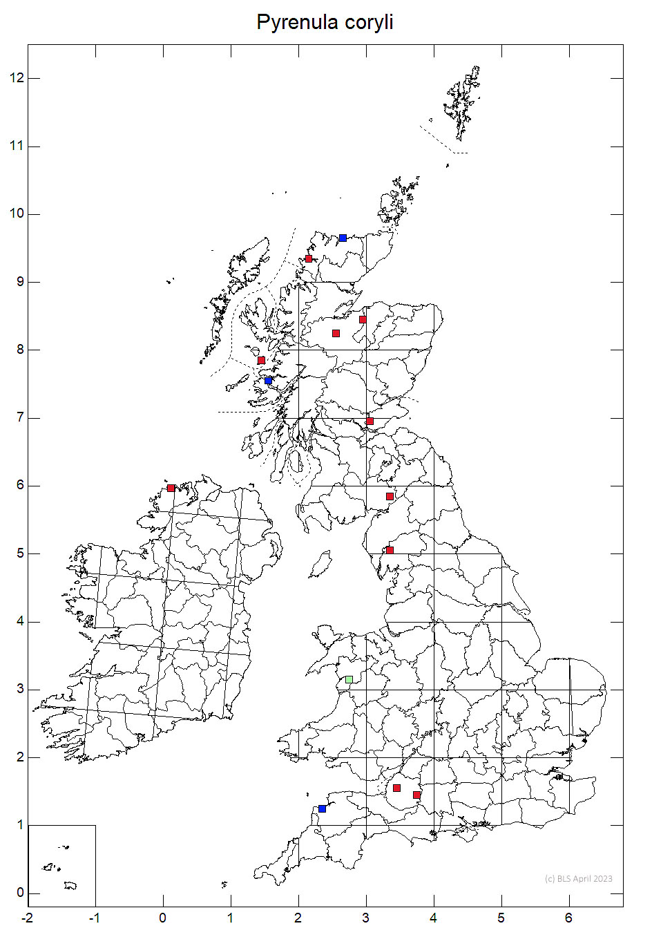 Pyrenula coryli 10km sq distribution map