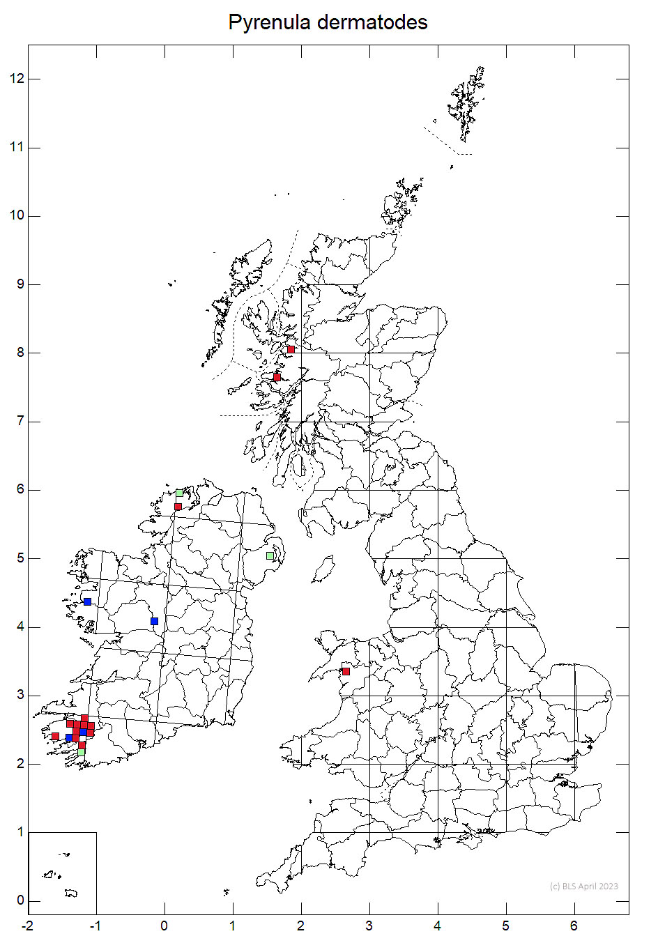 Pyrenula dermatodes 10km sq distribution map