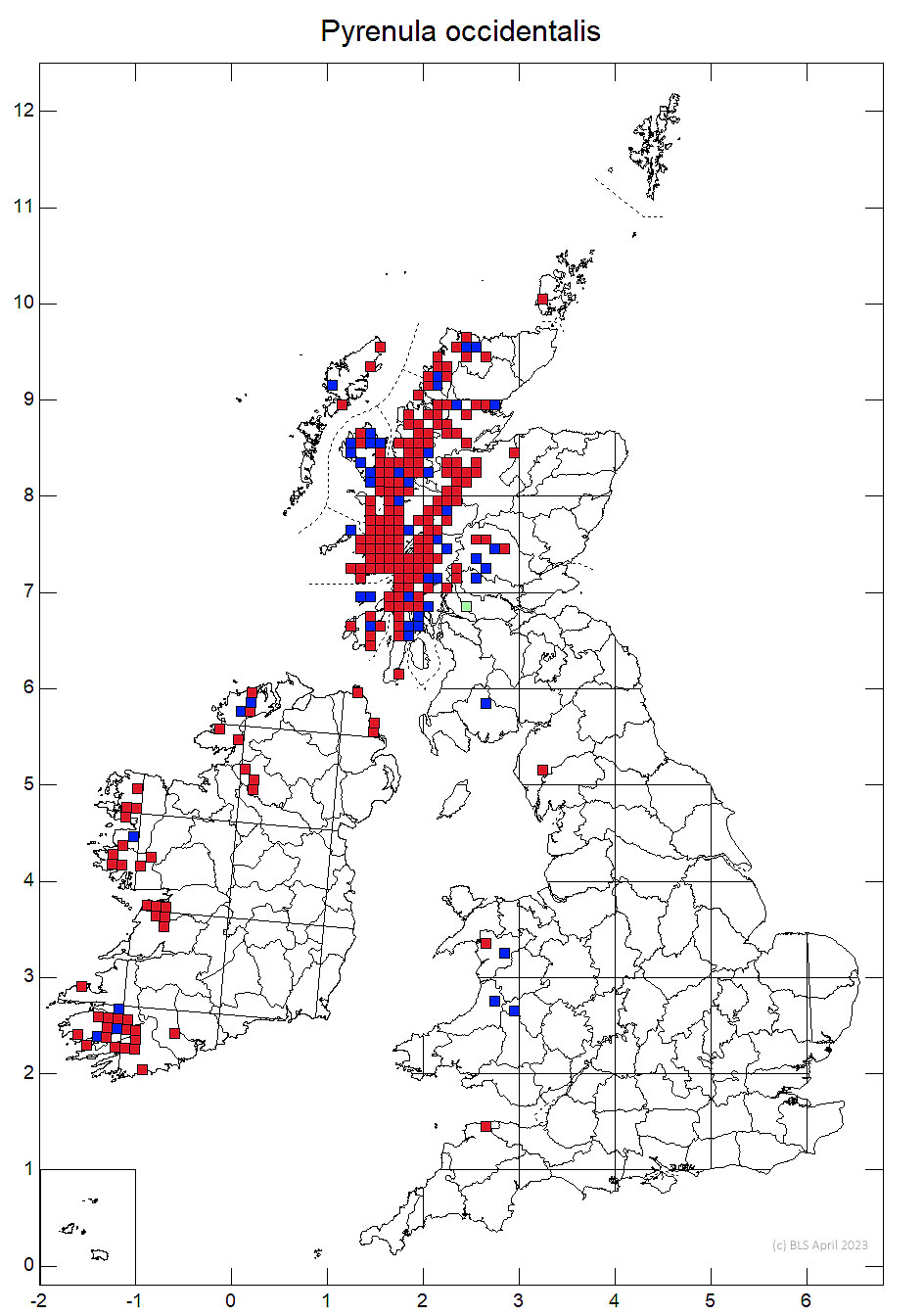 Pyrenula occidentalis 10km sq distribution map