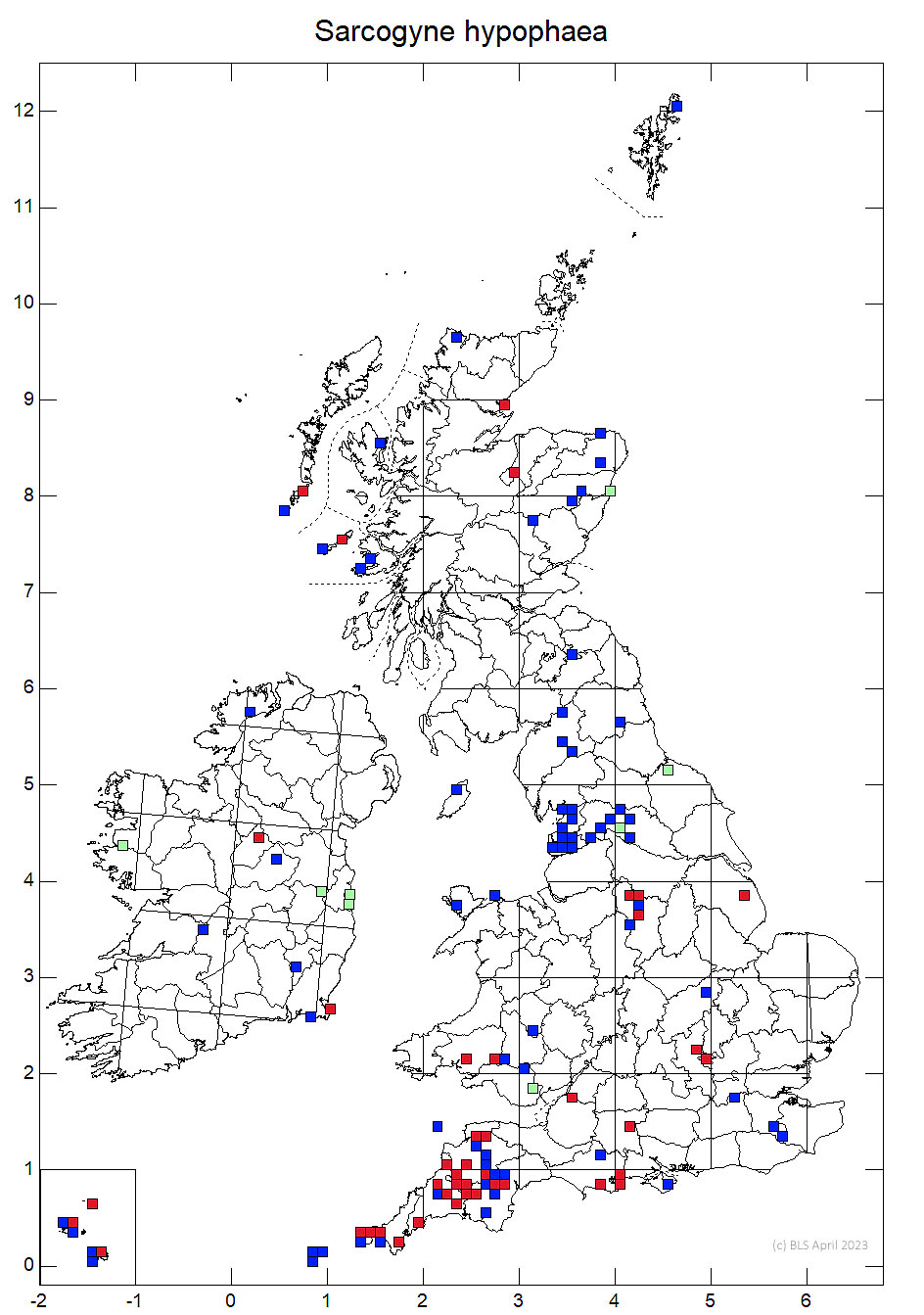 Sarcogyne hypophaea 10km distribution map