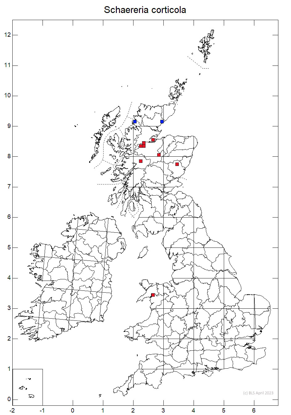 Schaereria corticola 10km sq distribution map