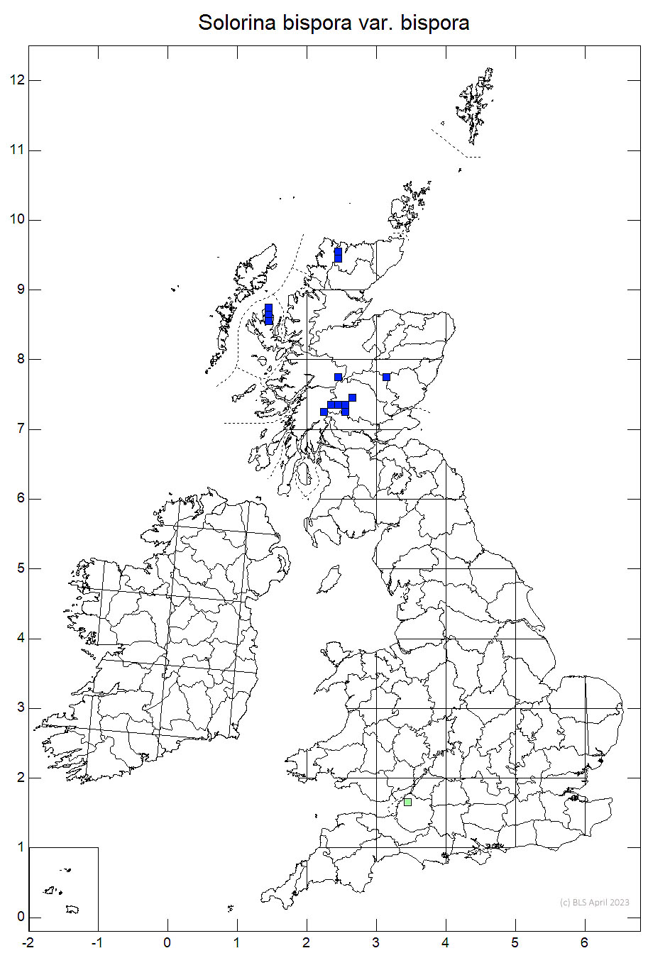 Solorina bispora var. bispora 10km sq distribution map