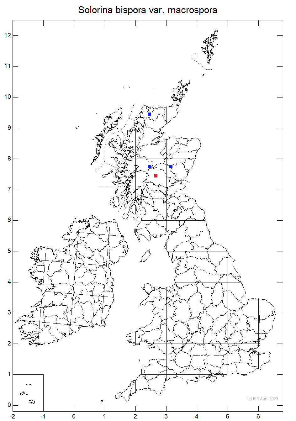 Solorina bispora var. macrospora 10km sq ditribution map