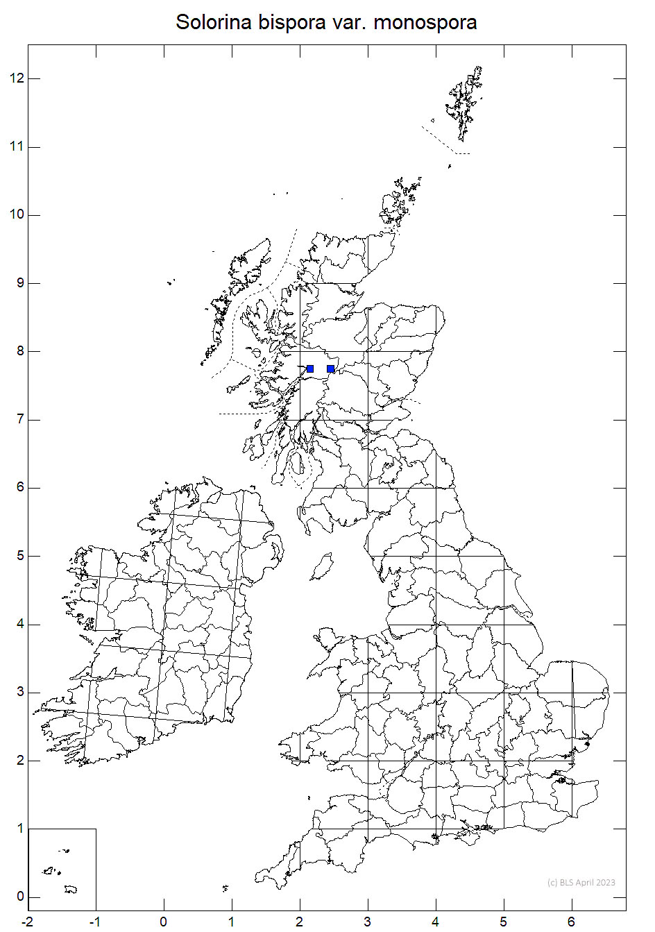 Solorina bispora var. monospora 10km sq distribution map