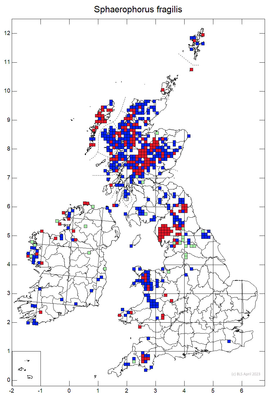 Sphaerophorus fragilis 10km sq distribution map