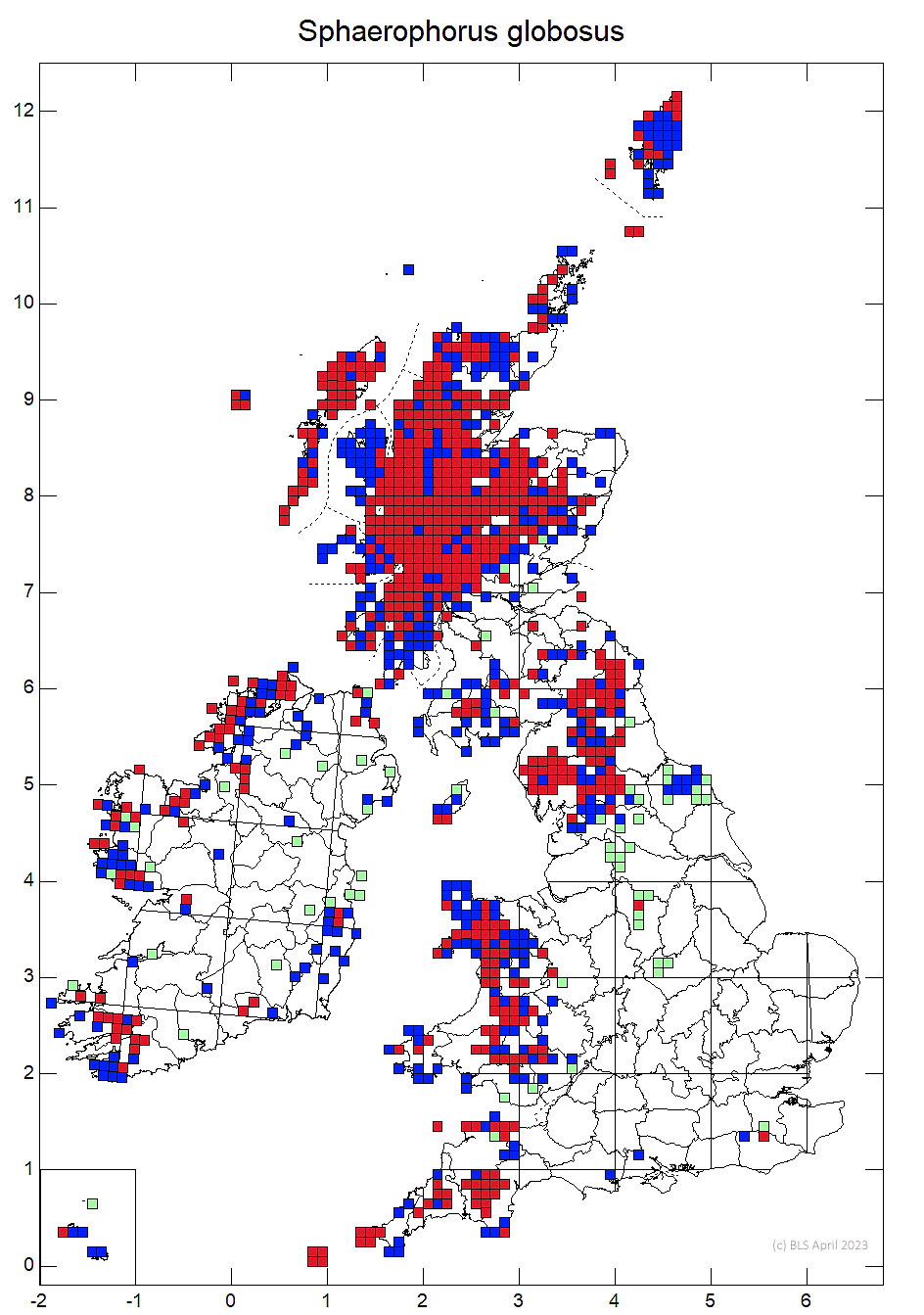 Sphaerophorus globosus 10km sq distribution map