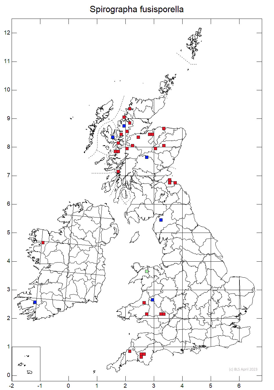 Spirographa fusisporella 10km sq distribution map