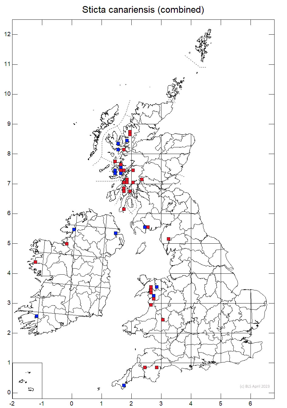Sticta canariensis (combined) 10km sq distribution map
