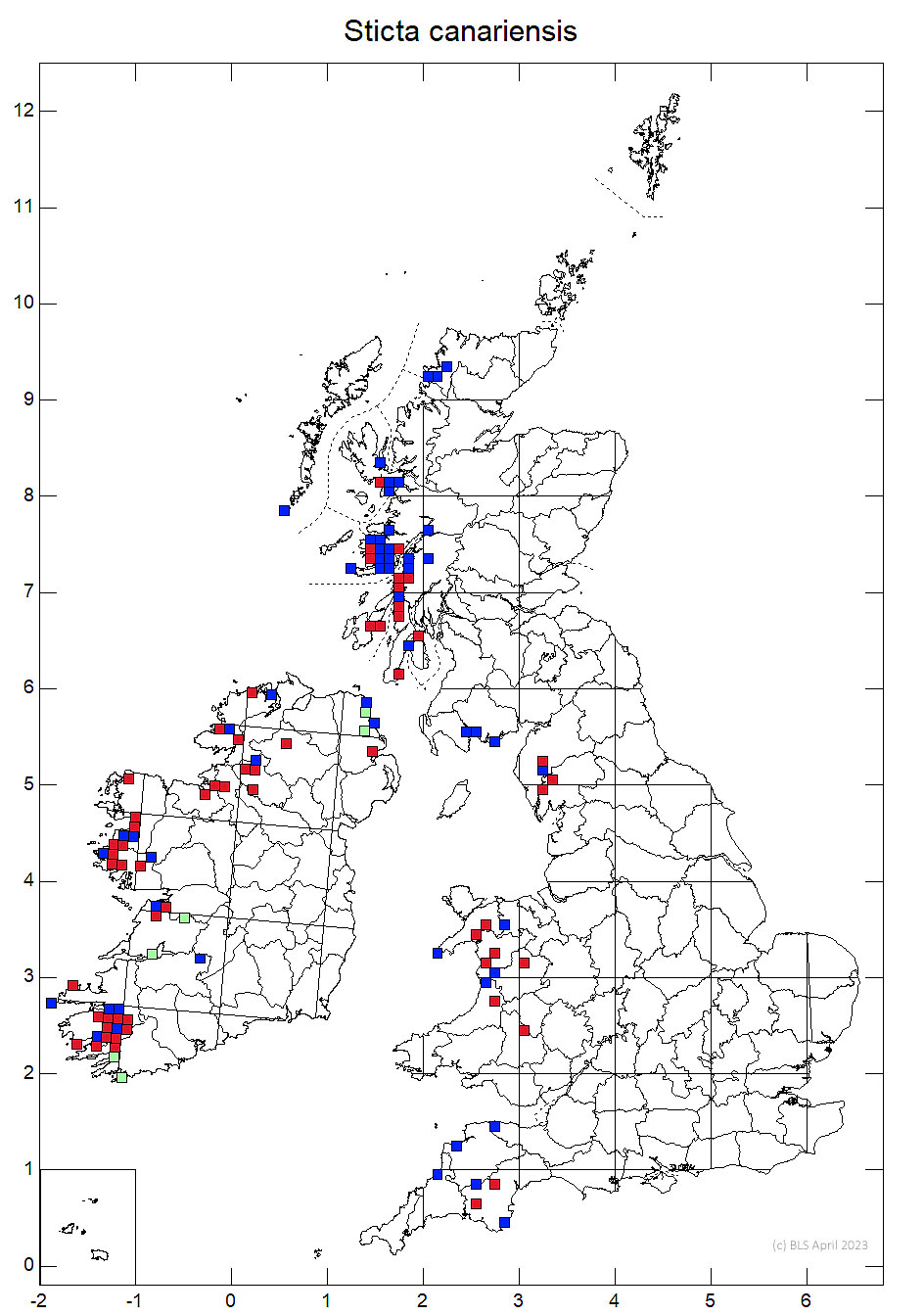 Sticta canariensis 10km sq distribution map