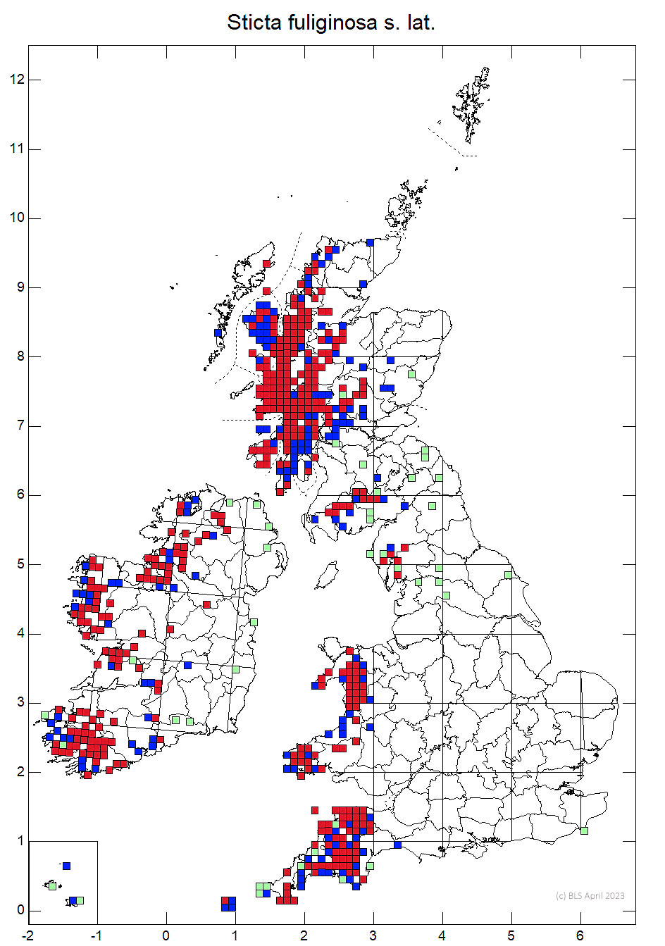 Sticta fuliginosa s. lat. 10km sq distribution map