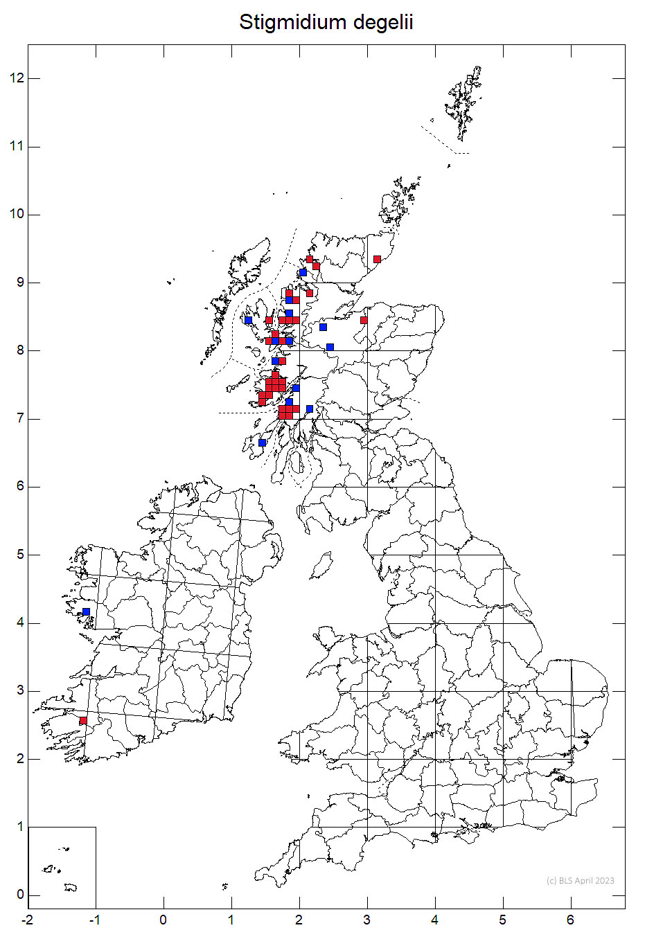 Stigmidium degelii 10km sq distribution map