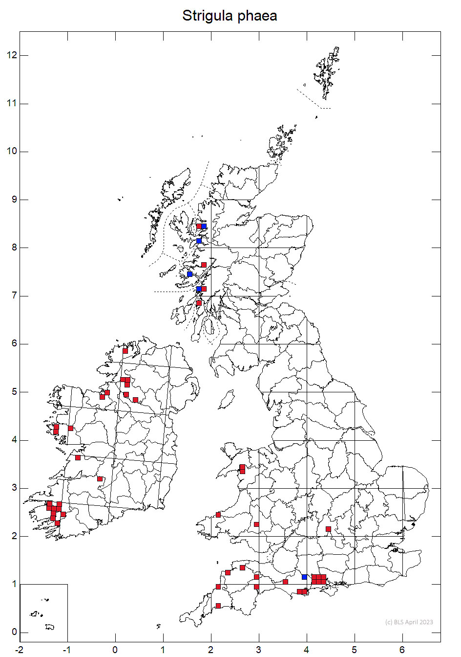 Strigula phaea 10km sq distribution map