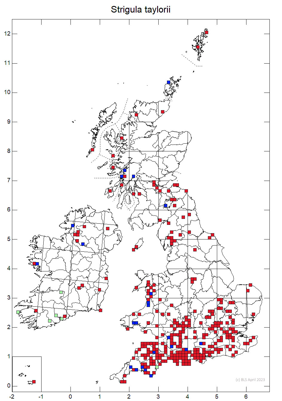 Strigula taylorii 10km sq distribution map