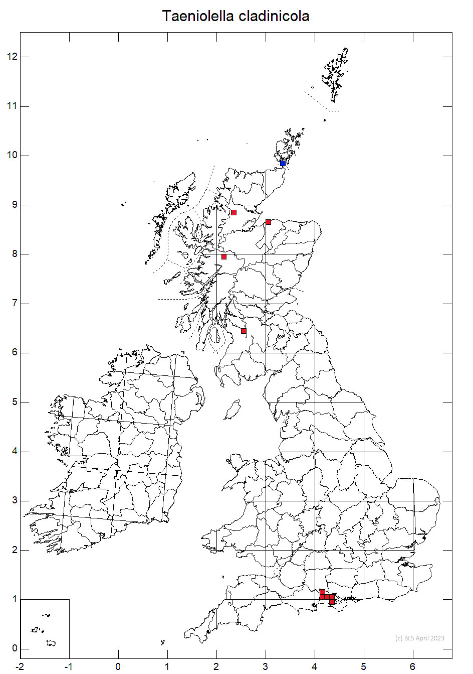 Taeniolella cladinicola 10km distribution map