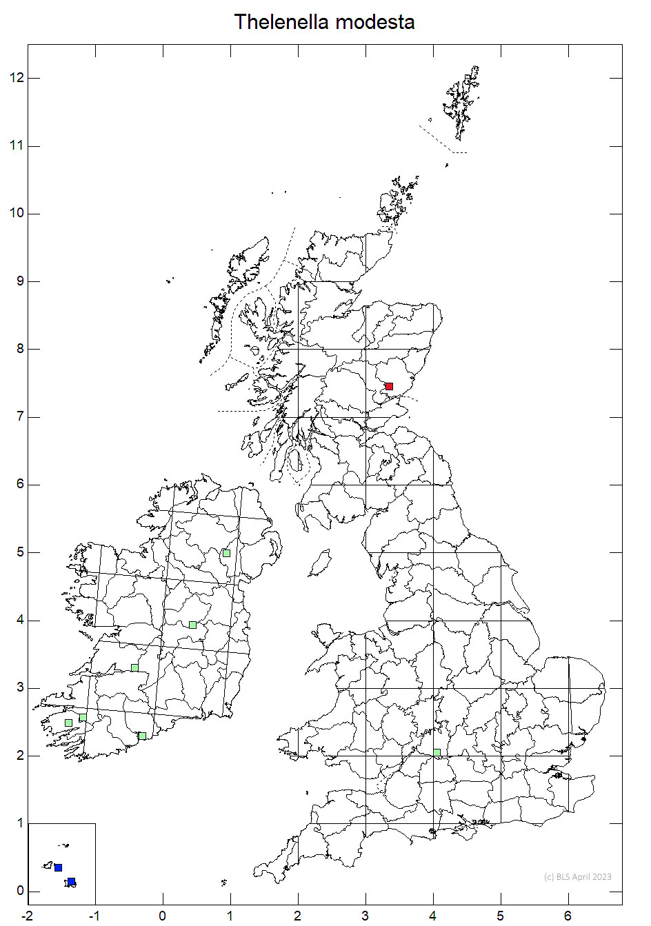 Thelenella modesta 10km sq distribution map