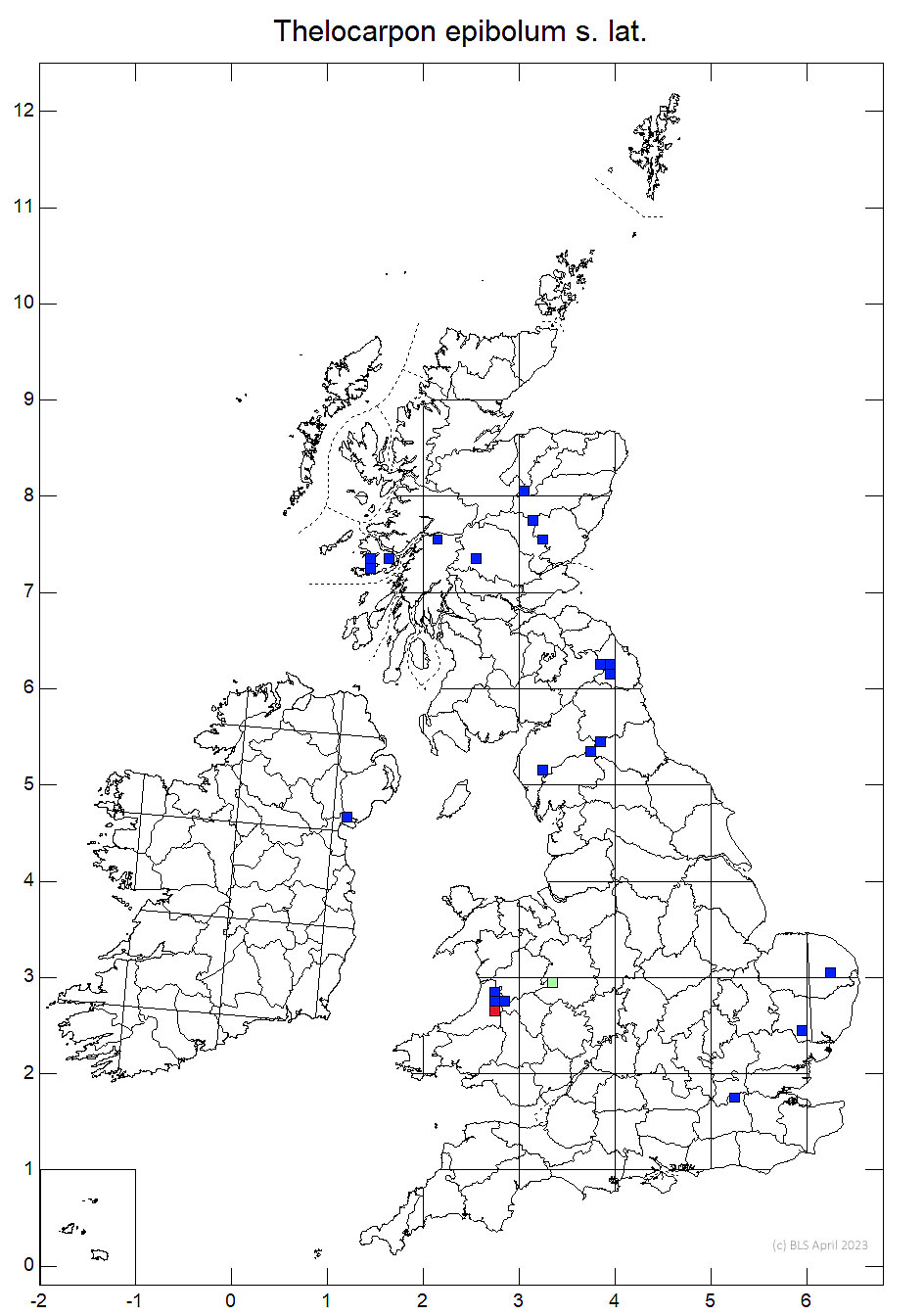 Thelocarpon epibolum s. lat. 10km sq distribution map