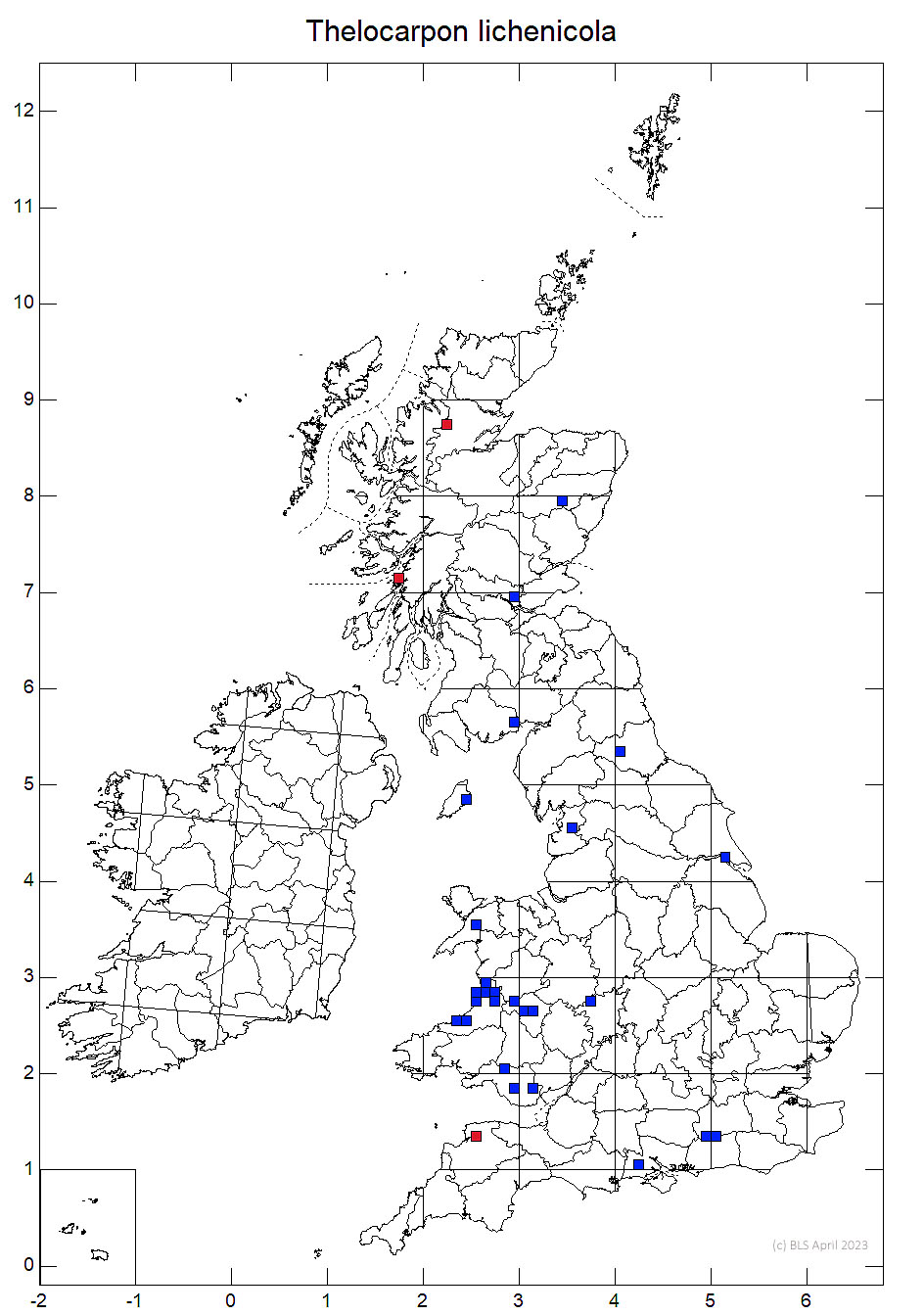 Thelocarpon lichenicola 10km sq distribution map