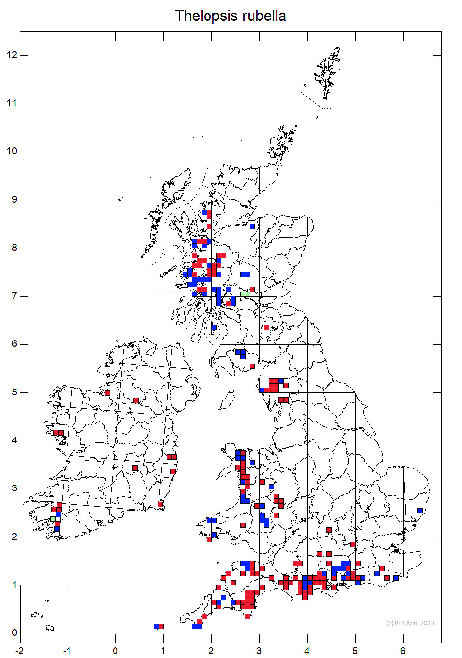 Thelopsis rubella 10km sq distribution map