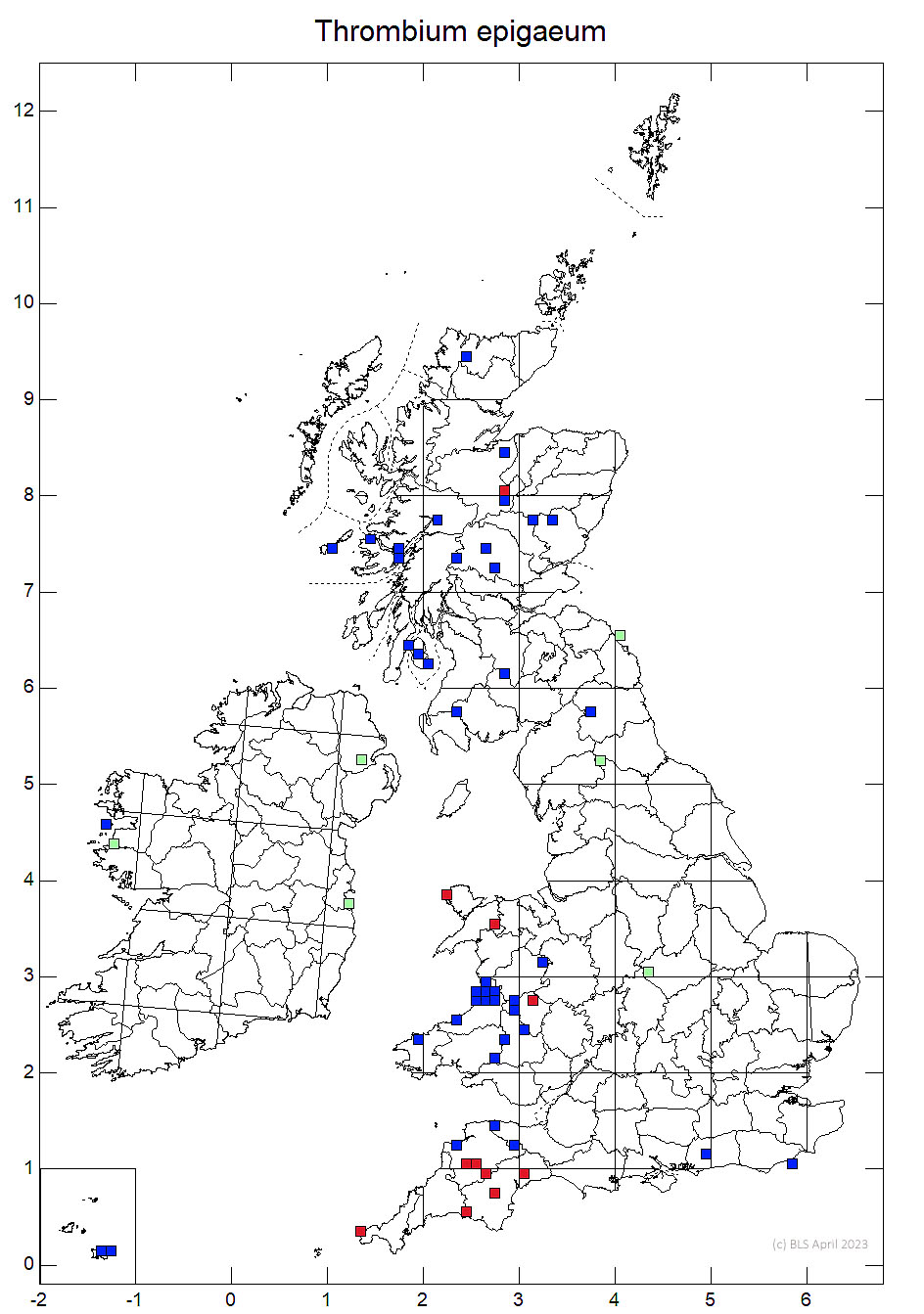 Thrombium epigaeum 10km sq distribution map
