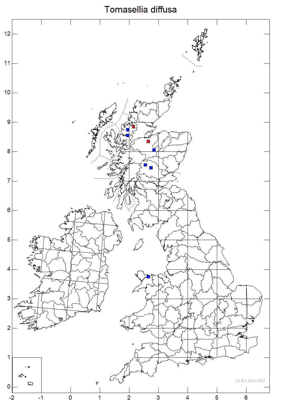 Tomasellia diffusa 10km sq distribution map