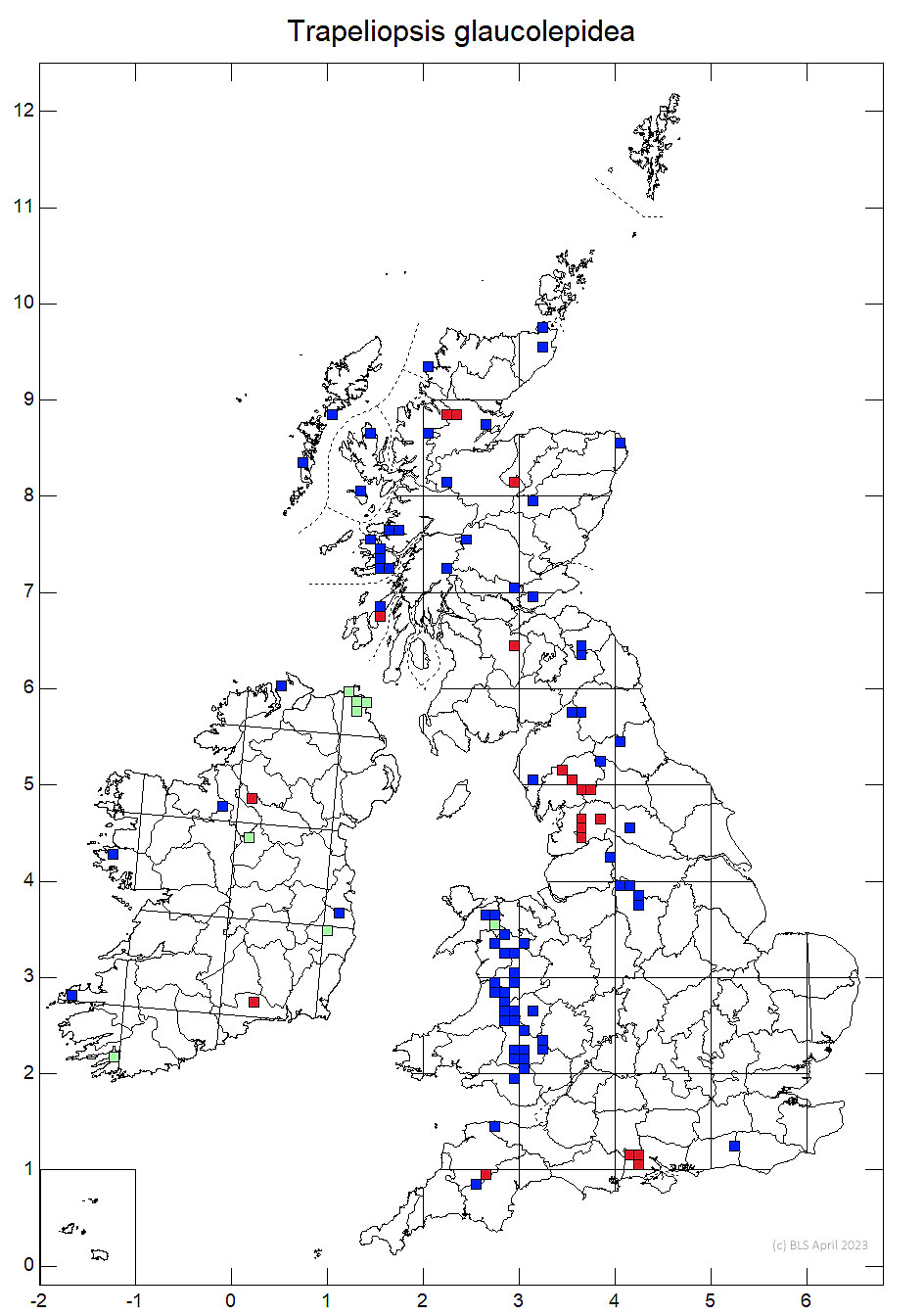 Trapeliopsis glaucolepidea 10km sq distribution map