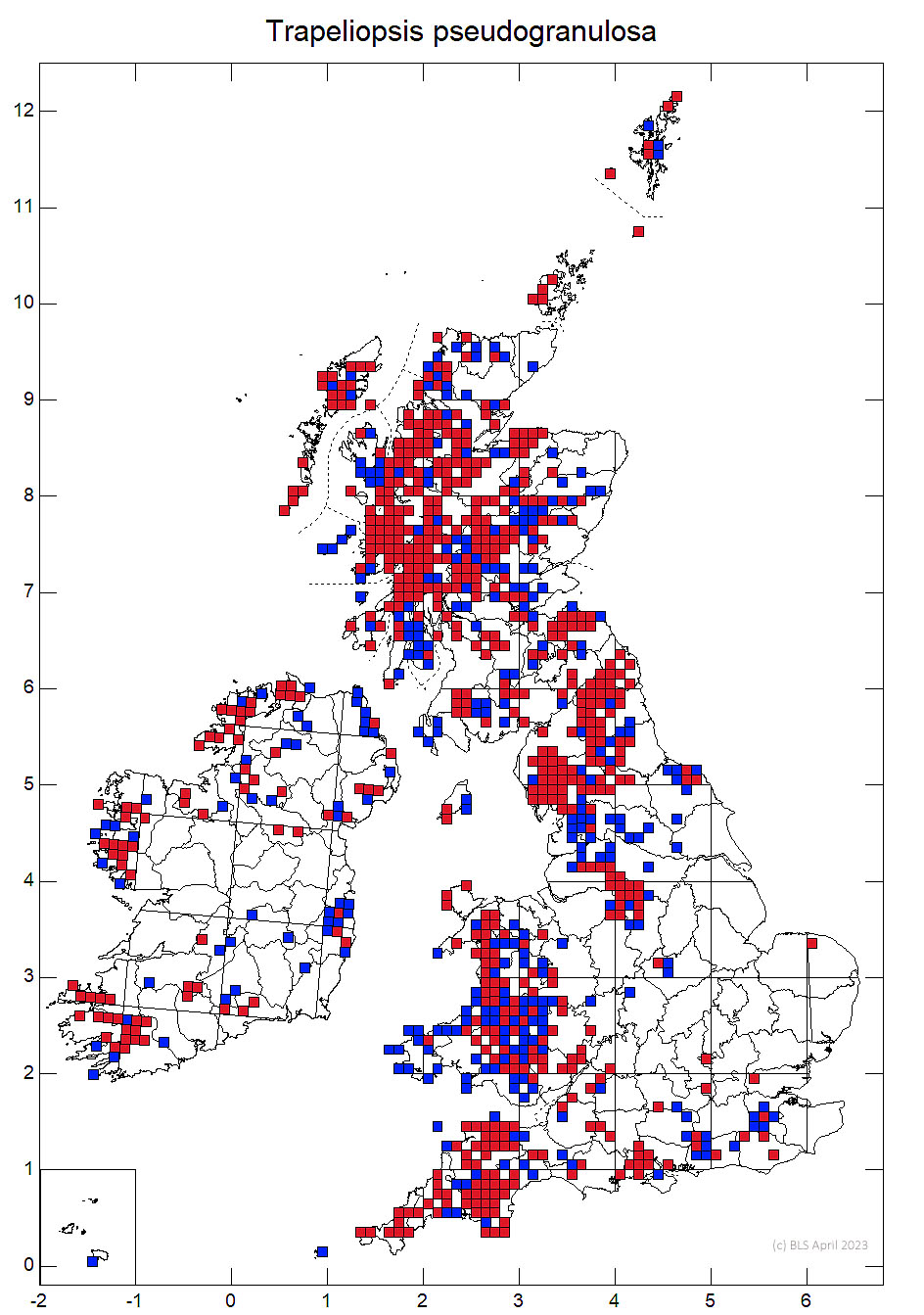 Trapeliopsis pseudogranulosa 10km sq distribution map