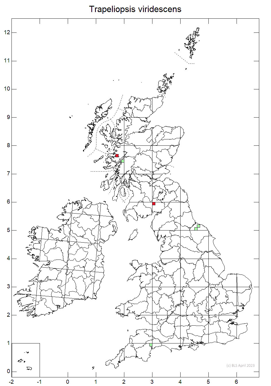 Trapeliopsis viridescens 10km sq distribution map
